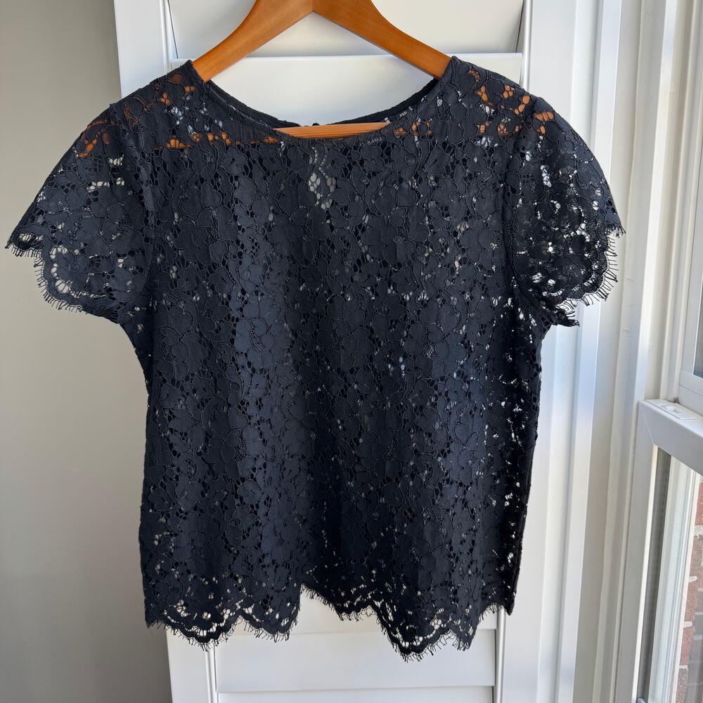 RAFAELLA Black Lace Top Short Sleeve Scalloped Blouse Size Petite XS